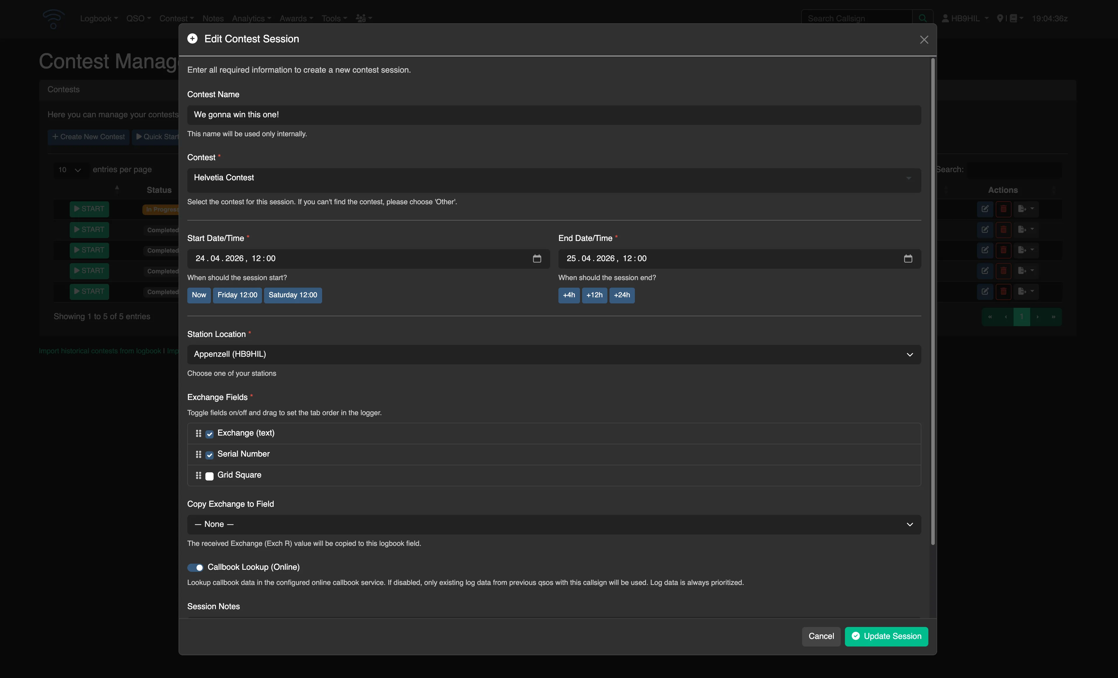 Wavelog contest manager overview