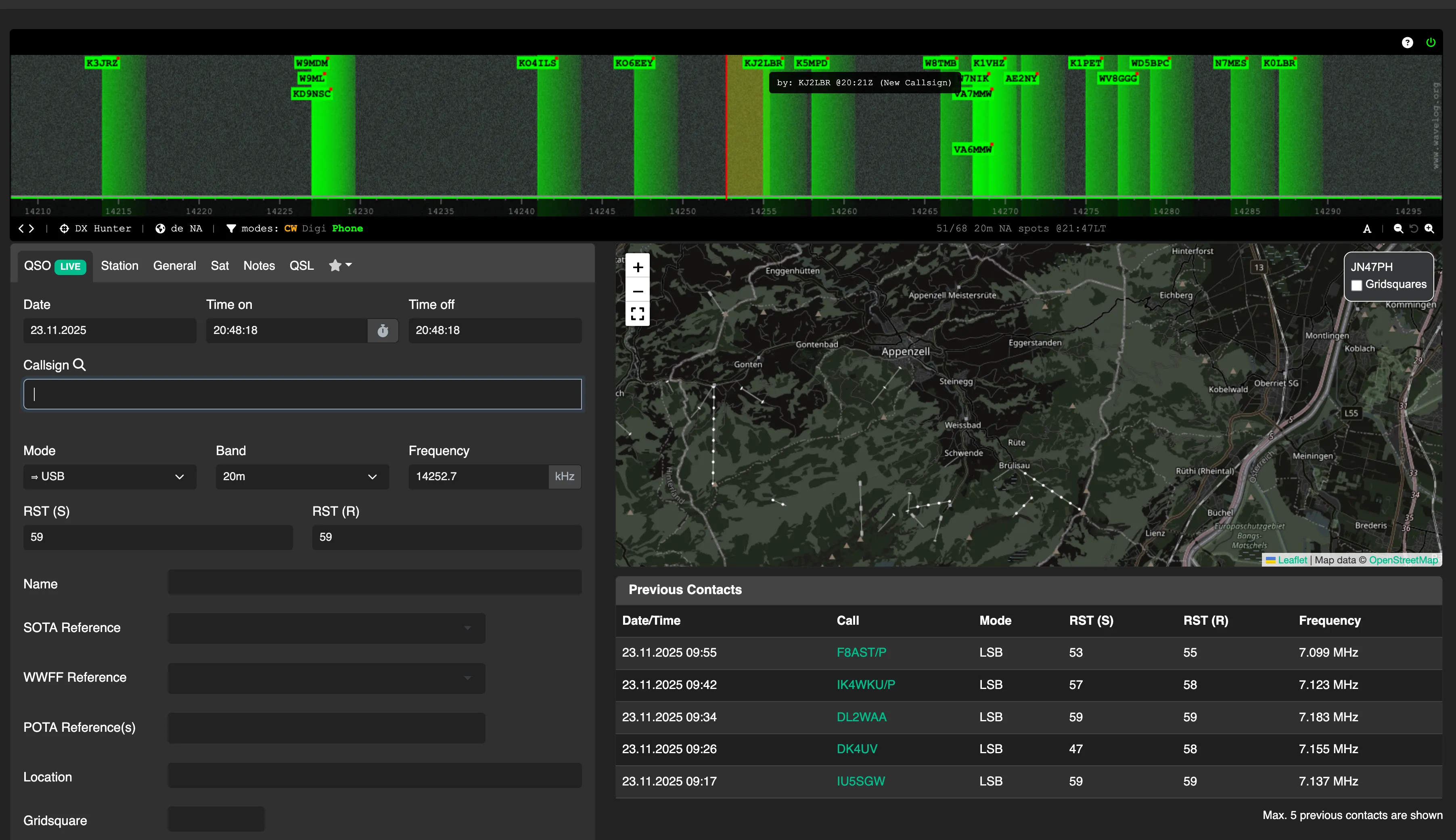 Wavelog DX cluster waterfall display