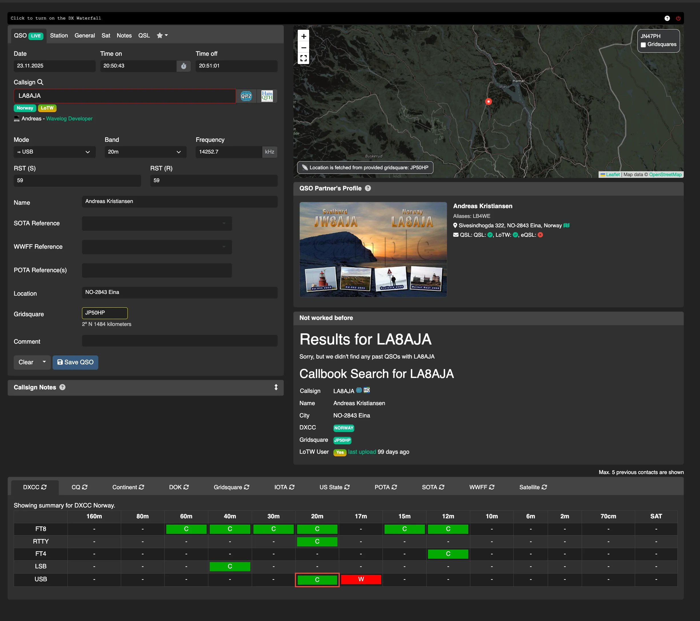 Wavelog QSO logging interface for amateur radio contacts