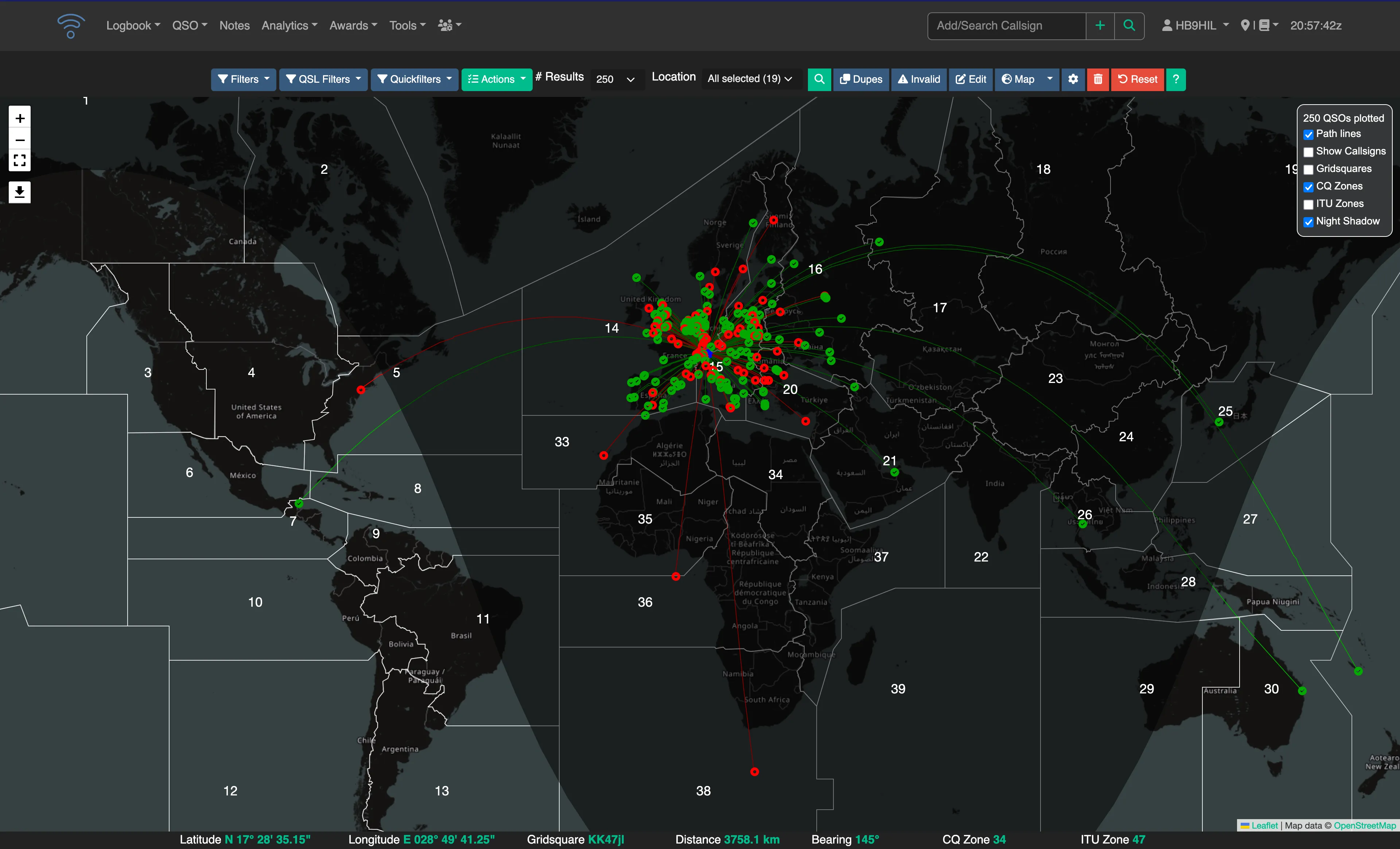 Wavelog QSO map of logged amateur radio contacts